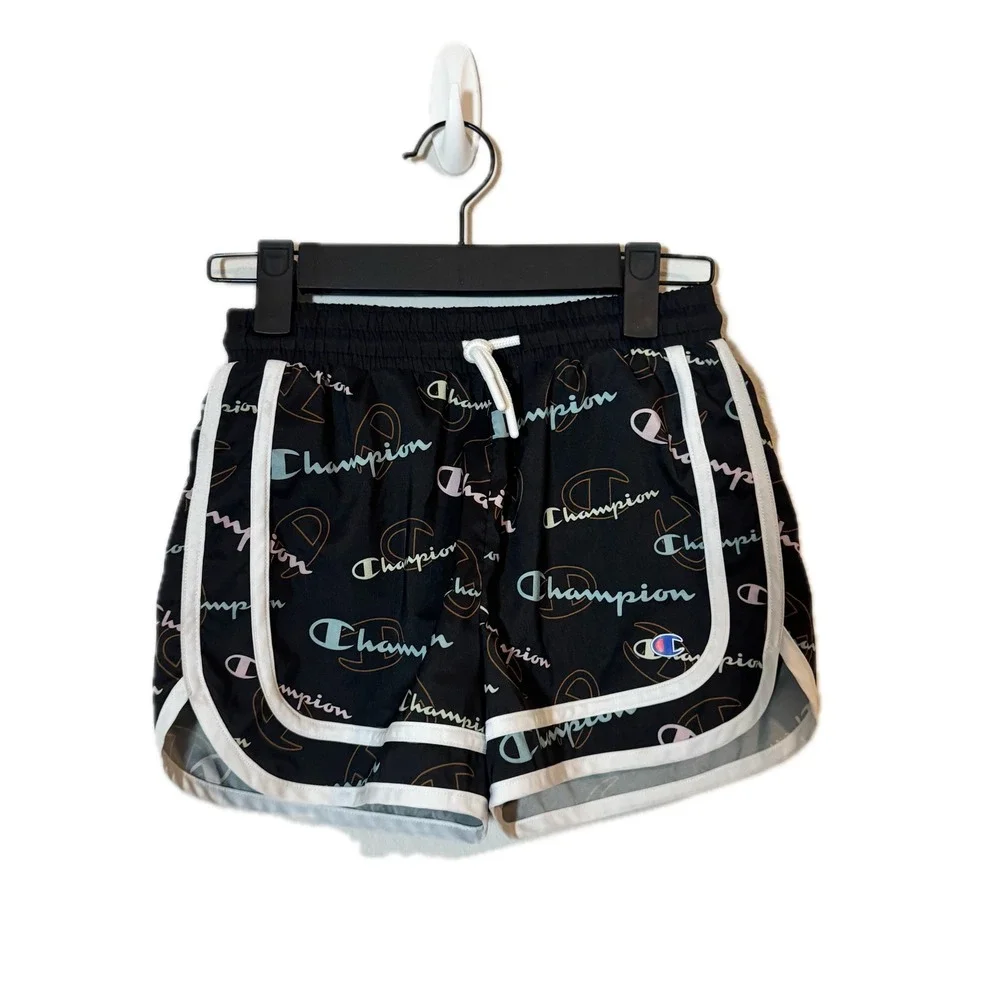 Champion Girls Black Logo Print Dolphin Athletic Shorts‎ Size 7/8 Drawstring